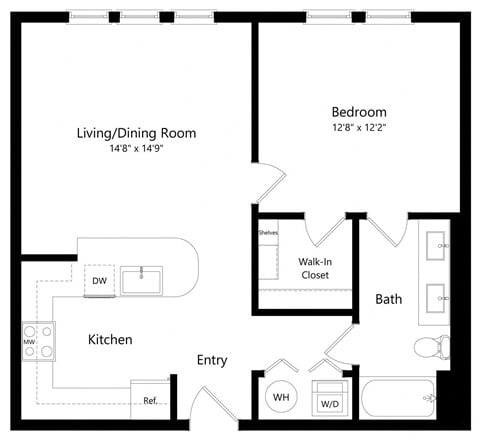 Floor plan for 1 bed, 1 bath, 738 sqft